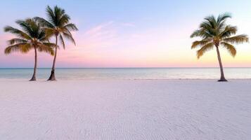 Three palm trees on a beach at sunset photo