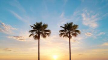 dos palma arboles estar en un playa a puesta de sol foto