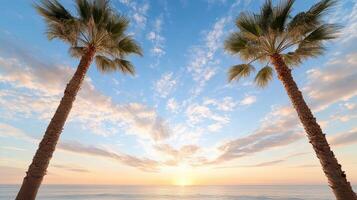 Two palm trees are standing on the beach at sunset photo