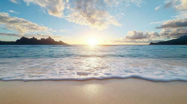 puesta de sol en el playa con olas y montañas en el antecedentes foto