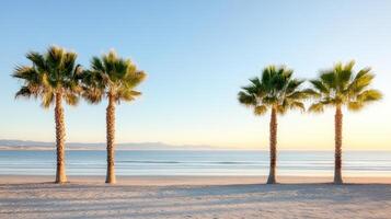 Three palm trees on a beach at sunrise photo