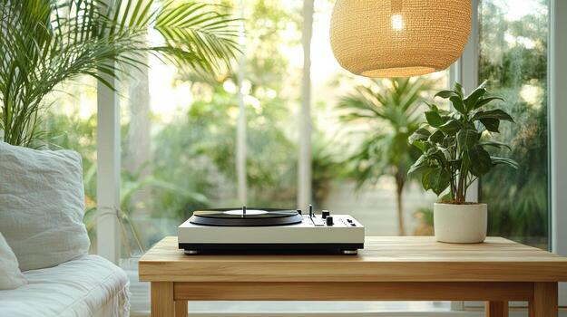 A record player sits on a table near a window photo