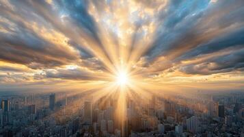 Sunbeams shining over a city skyline photo