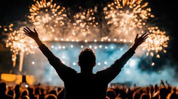 A person with their arms up in the air at a concert photo