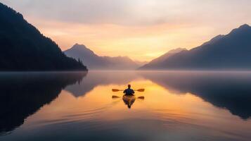 A person in a kayak on a calm lake at sunrise photo