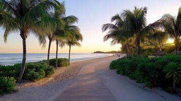 A path leads to the beach with palm trees photo