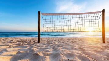 Volleyball net on the beach at sunset photo