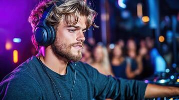 A man with headphones on at a dj booth photo