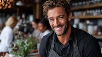 A smiling man in an apron at a restaurant photo