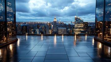 A view of the city from a window in a building photo