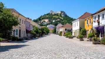 A cobblestone street with houses on both sides photo