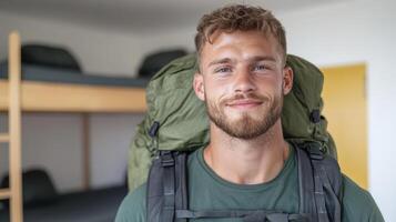 A man with a backpack standing in front of bunk beds photo
