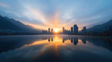 A city skyline is reflected in a lake at sunset photo