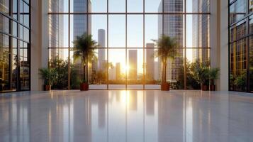 An empty lobby with large windows and palm trees photo