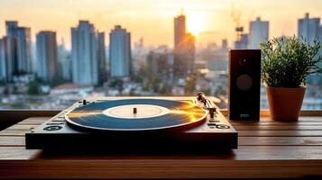 A turntable and speakers sit on a table with a city in the background photo