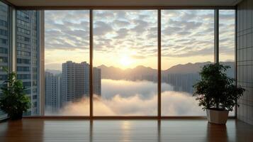 A room with a view of the city and clouds photo