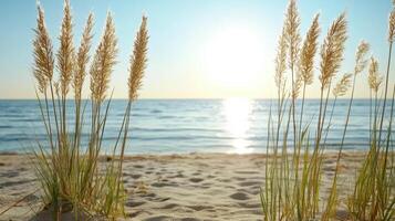 Reeds on the beach at sunset photo