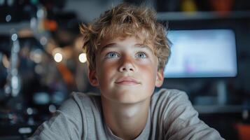 A boy looking up at the camera while sitting in front of a computer photo