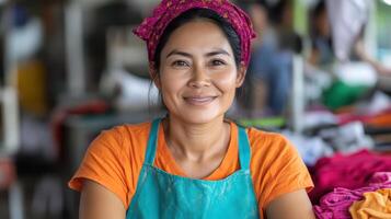 A woman in an apron smiling at the camera photo