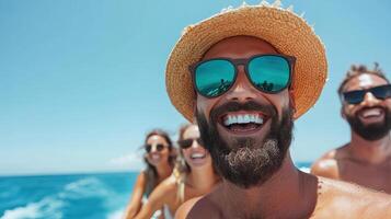 A group of people on a boat with a man in a hat photo