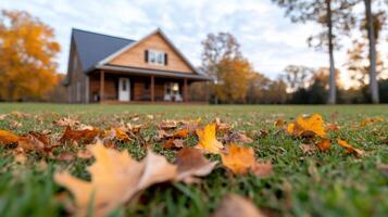 A house with autumn leaves on the grass photo