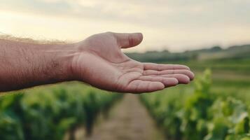 A person's hand reaching out to a vineyard photo