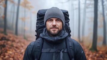 A man with a backpack in the woods photo