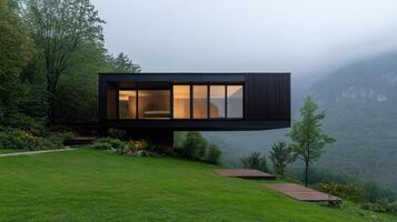 A modern house sitting on top of a hill photo