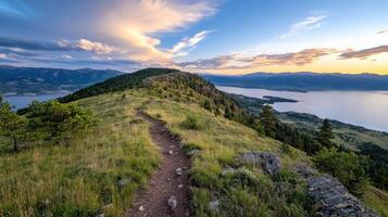 A trail leads up to a mountain top with a lake in the background photo