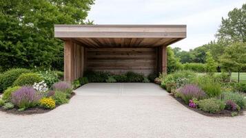 A wooden covered pavilion with plants and flowers photo