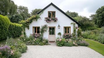 A small white cottage with flowers on the front door photo