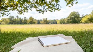 A notebook and a pen on a blanket in the grass photo
