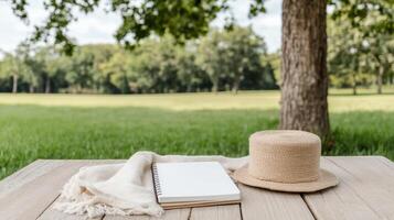 A notebook, hat and a scarf on a wooden table in the park photo