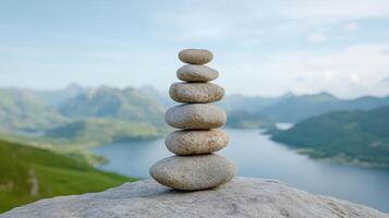 A stack of stones on top of a mountain photo