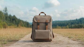 A backpack sitting on the side of a dirt road photo