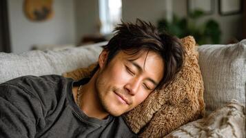 A man sleeping on a couch with a teddy bear photo