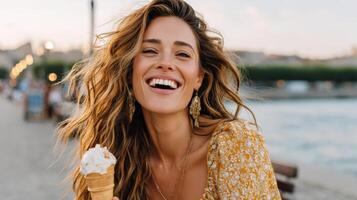 A woman is smiling while holding an ice cream cone photo