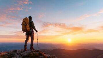 A person with a backpack standing on top of a mountain at sunset photo