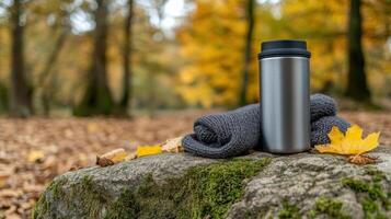 A thermos cup and a blanket on a rock in the woods photo