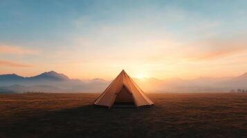 A tent is sitting in the middle of a field photo