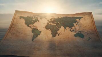 An old world map on a table with the sun shining photo