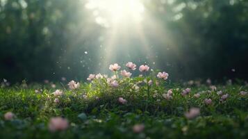 Pink flowers in the grass with sunlight shining through photo
