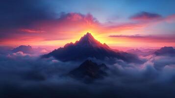 A mountain is seen in the sky with clouds and sun photo