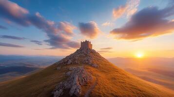 A castle on top of a mountain with the sun setting photo
