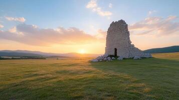 The sun sets behind an old stone building in the middle of a field photo