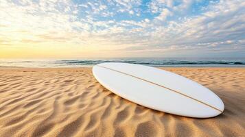 A surfboard sits on the sand at sunset photo