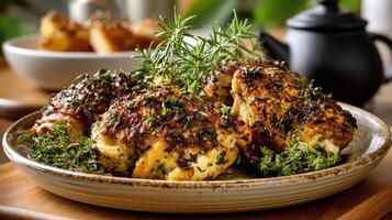 A plate of chicken with herbs and potatoes photo