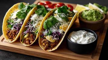 Three tacos with vegetables and sour cream photo