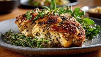A plate with chicken and herbs on it photo