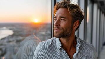 A man looking out a window at the sunset photo